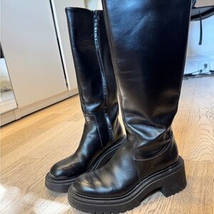 Black Leather Knee-High Boots, lugg sole